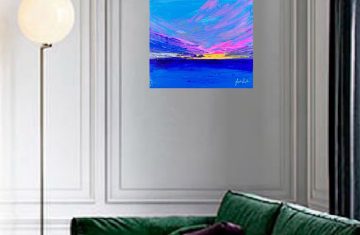 Peinture originale et unique "Bonjour Aujourd’hui" - Original Unique Painting "Hello Today" - Oeuvre d'art coloré et flashie - Colored Art - Peinture le coucher du soleil de sud de la France-Painting of french sunset FR : Peinture artistique avec le coucher du soleil sur la mer méditerranéenne. Près de Marseille, les vues y sont prélassant et pleins d'incroyables traits. L'arrivé d'hiver nous apporte les nuages colorées par les reflets rosâtres de soleil... Nom de la toile : Bonjour Aujourd’hui Taille : 30 x 25 cm Technique : Couteau Matière : Acrylique Cette petite toile a un binôme, qui s'appelle "Aurevoir demain". Vous pouvez réaliser un lot de 2 toiles qui sont très agréable à regarder et donne une profondeur à l'endroit où elles se trouvent. Je travaille également à la commande. Si une de mes toiles vous plaisent, je peux réaliser une toile de votre choix, après avoir convenu sa taille, le prix et le paiement de votre commande. Artistiquement, Jana KUZMI EN : Artistic painting with sunset over the Mediterranean sea. Near Marseille, the views are relaxing and full of incredible features. The arrival of winter brings us clouds colored by the pinkish reflections of the sun... Name of the painting: Hello Today Size: 30 x 25 cm Technique: Knife Material: Acrylic This little canvas has a pair, which is called "Goodbye tomorrow". You can make a set of 2 canvases which are very pleasant to look at and give depth to the place where they are located. I also work to order. If you like one of my paintings, I can create a canvas of your choice, after having agreed on its size, price and payment for your order. Artistically, Jana KUZMI